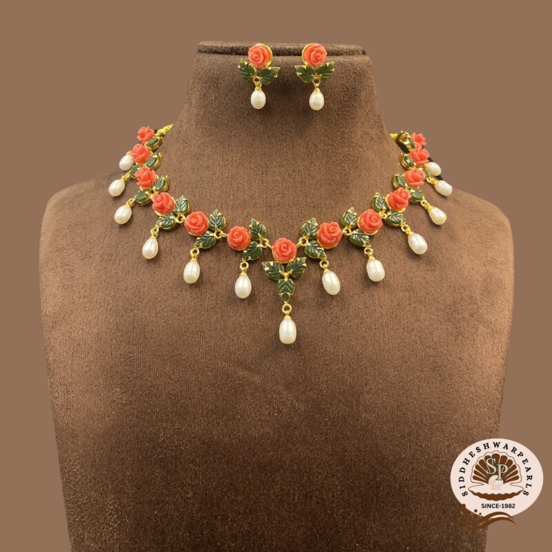 Pearl With Coral and Jade Necklace
