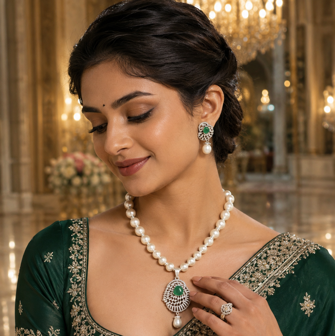 Simple CZ Emerald Pendant Pearl Necklace - Image 1
