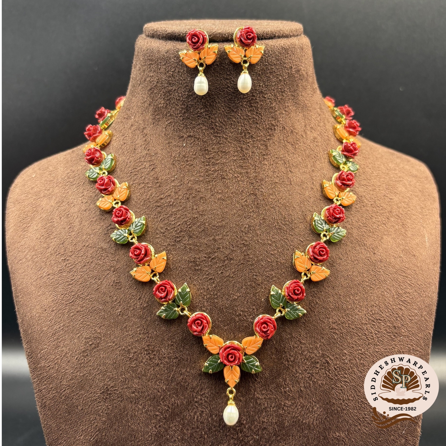 coral5 Pearl With Coral-Jade Necklace