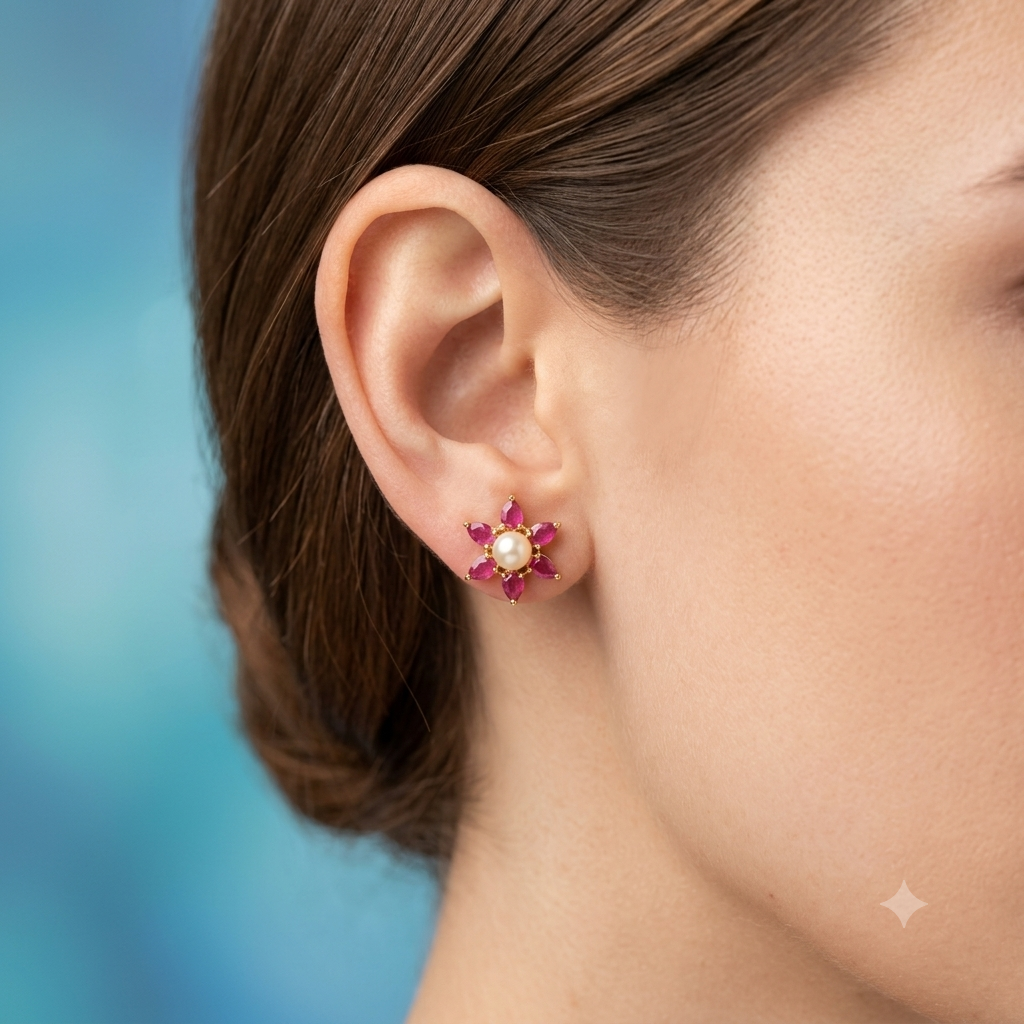 Flower Design Stud Earrings - Image 1