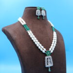 Two Layer CZ Emerald Pendant Pearl Necklace - Image 4