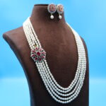 CZ Ruby Pendant Side Brooch Pearl Necklace - Image 4