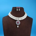 CZ Pendant Two Layer Button Pearl Necklace - Image 2
