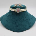 CZ Pink Stone Pendant Pearl Choker - Image 2