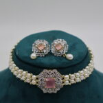 CZ Pink Stone Pendant Pearl Choker - Image 4