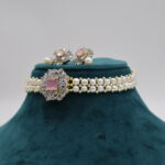CZ Pink Stone Pendant Pearl Choker - Image 3