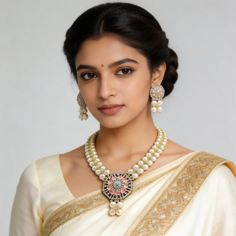 Graceful Zig Zag Pearl Necklace with Two Layer CZ Pendant Button Pearl necklace online at orginal pearl shop