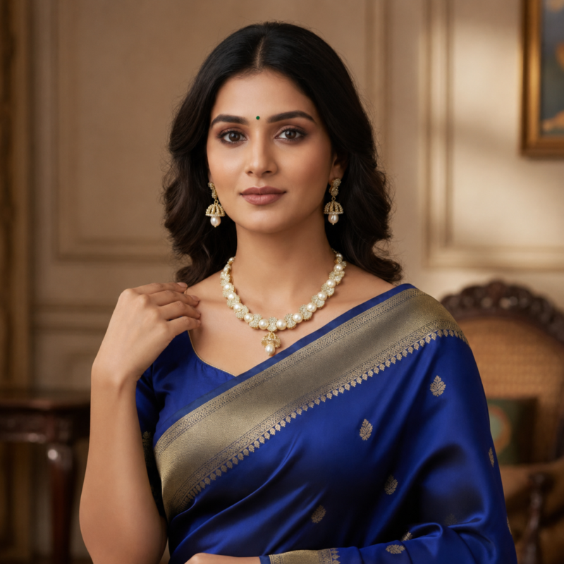 Graceful Zig Zag Pearl Necklace with Two Layer CZ Pendant Button Pearl necklace online at original pearl shop in hyderabad