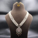 CZ Pink Stone Pendant Pearl Necklace - Image 2
