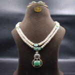CZ Light Green Stone Pendant Pearl Necklace - Image 2