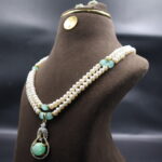 CZ Light Green Stone Pendant Pearl Necklace - Image 3