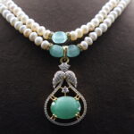 CZ Light Green Stone Pendant Pearl Necklace - Image 4