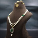 CZ Emerald Pendant Pearl Necklace Set - Image 3