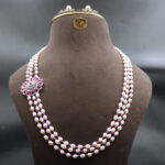 Pink CZ Stohe Side Brooch Pearl Necklace - Image 2