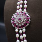 Pink CZ Stohe Side Brooch Pearl Necklace - Image 4