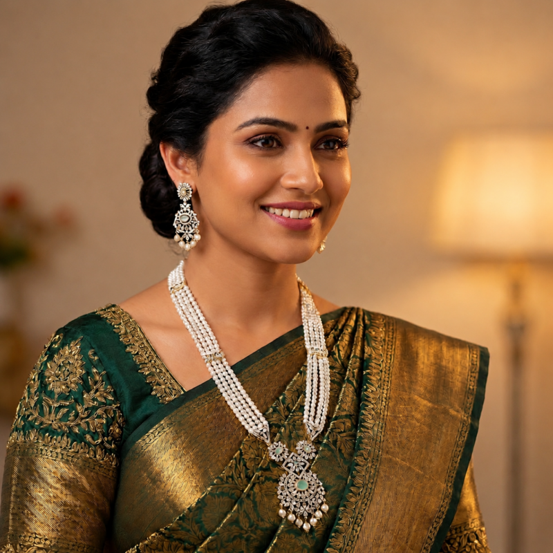 Shop CZ Emerald Rani Haar Pearl Necklace for Women