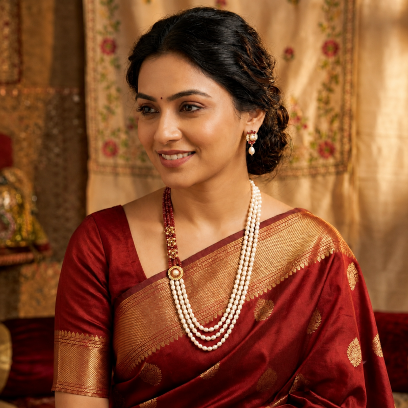 buy CZ Emerald & Ruby Pendant Pearl Necklace Set at orginal pearl shop hyderabad
