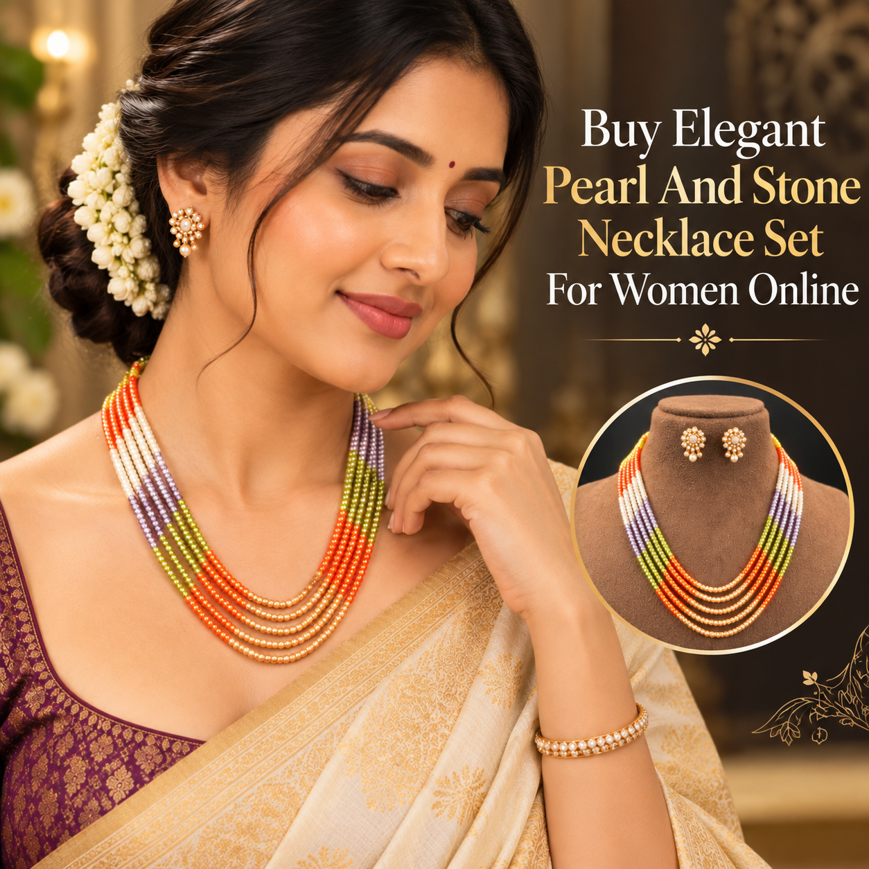 Buy Elegant Pearl And Stone Necklace Set For Women Online