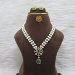 Double-Strand Pearl Necklace with Green CZ Stone - Image 2
