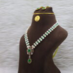 Double-Strand Pearl Necklace with Green CZ Stone - Image 3