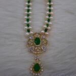 Double-Strand Pearl Necklace with Green CZ Stone - Image 4