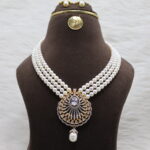 Three-Strand Pearl Necklace CZ Pendant - Image 2
