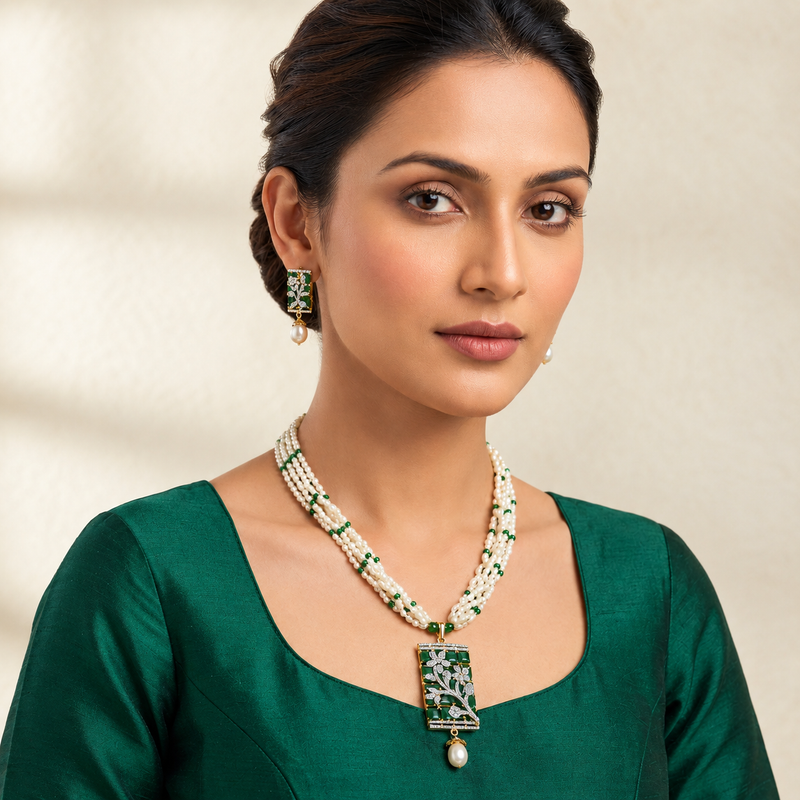 Rich Green Stone & Pearl Necklace Elegant Royal Jewellery for Women