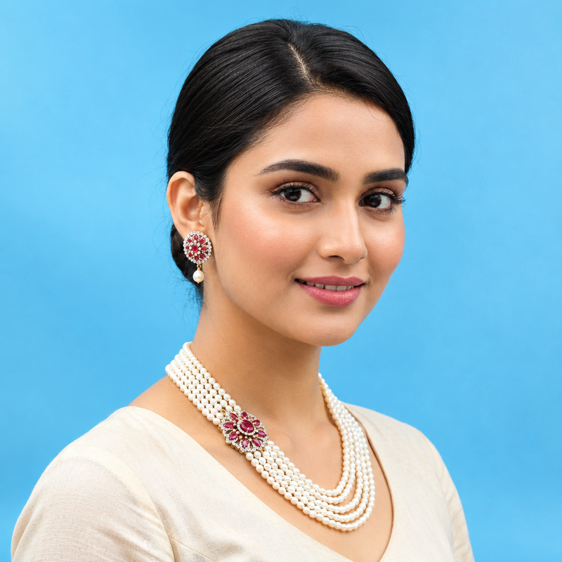 Buy Ruby Pendant Oval Pearl Necklace Set Online