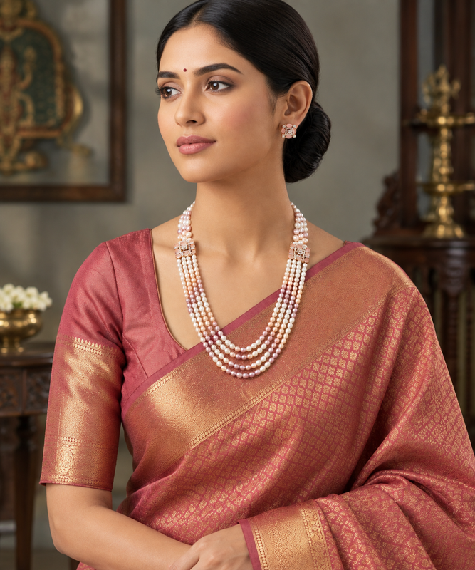 Buy Pink Pendant Side Brooch Pearl Necklace Set for Women