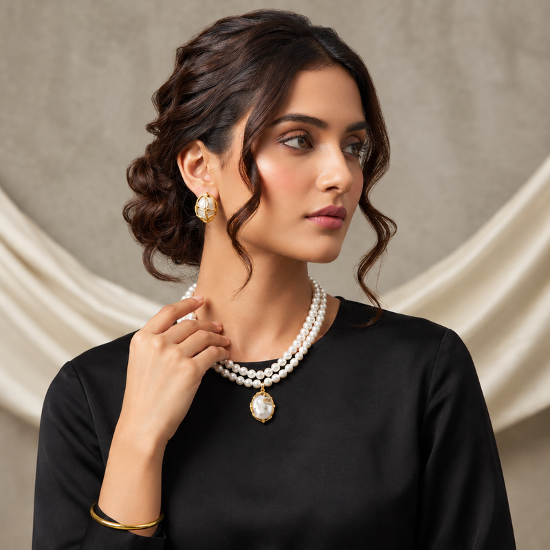 Buy Dual Strand Pearl Necklace with CZ Pendant Set Online