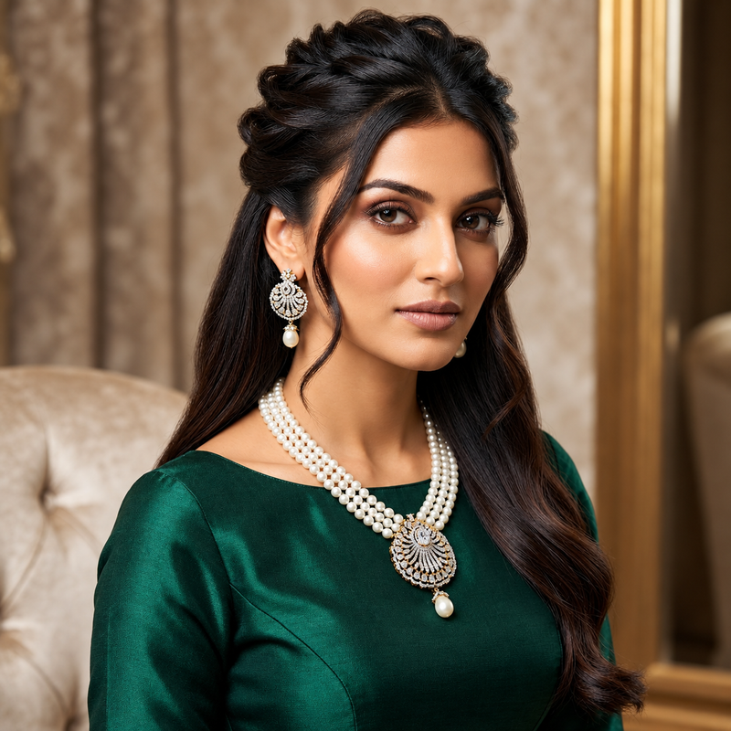 Buy Three Strand Pearl Necklace with CZ Pendant Online